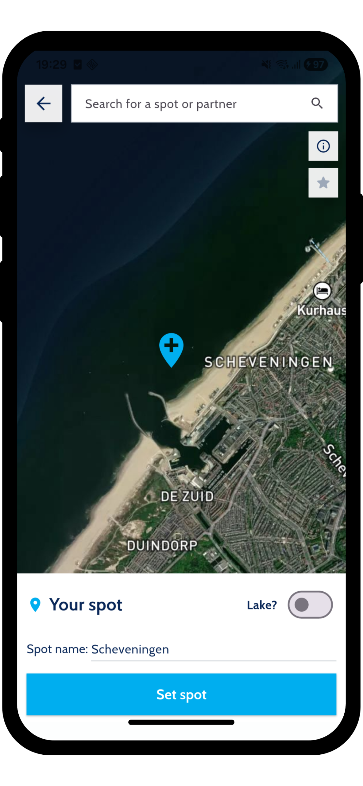 Setting a spot pin on the satellite map in SurfSignal