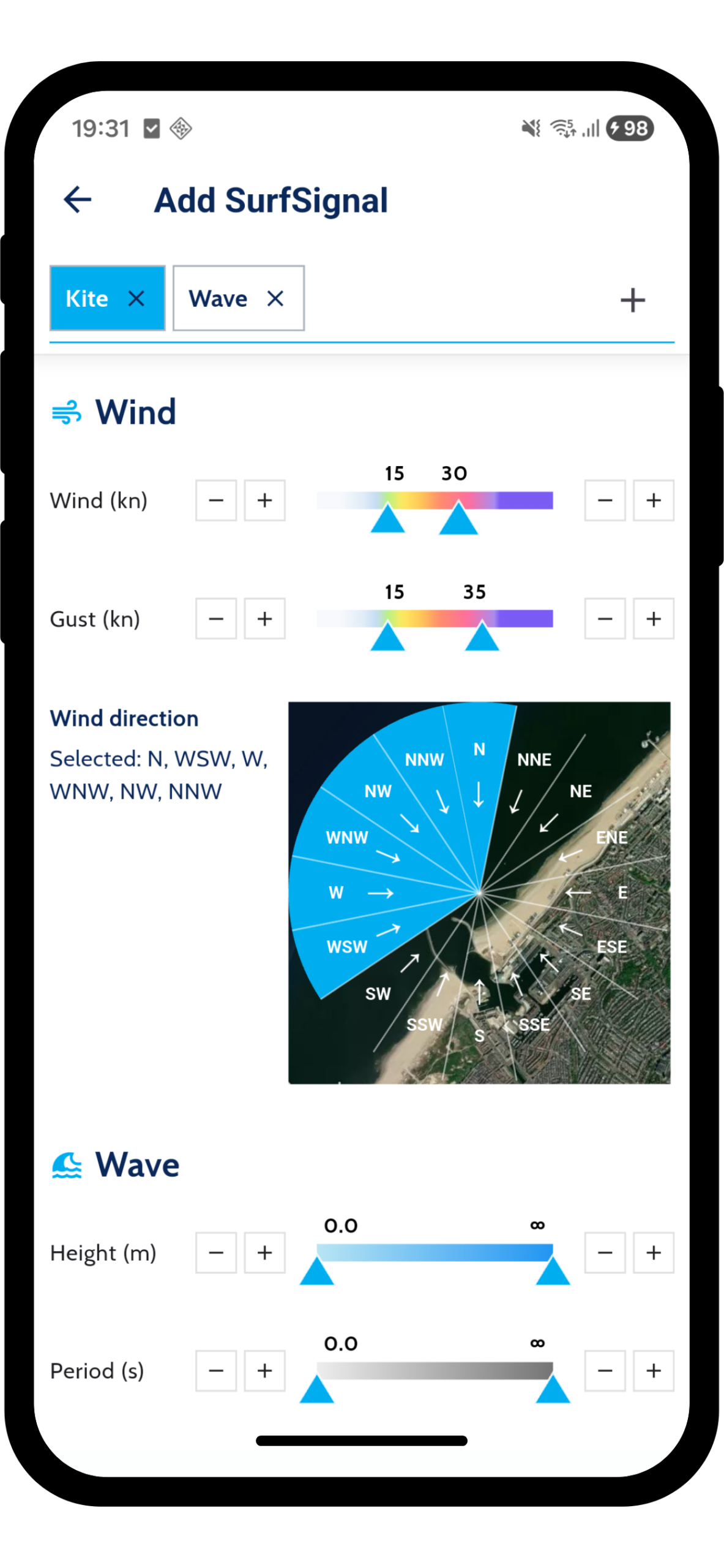 Setting wind range and wind direction for a spot in SurfSignal