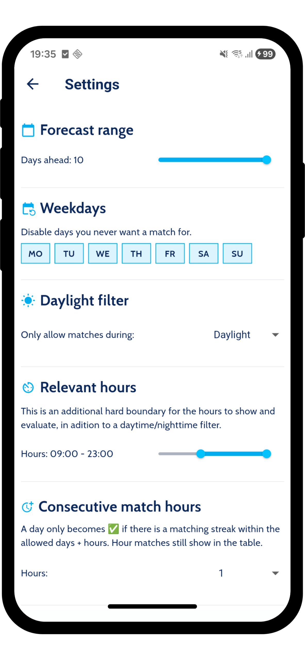 SurfSignal settings for forecast range, weekdays, daylight and consecutive hours