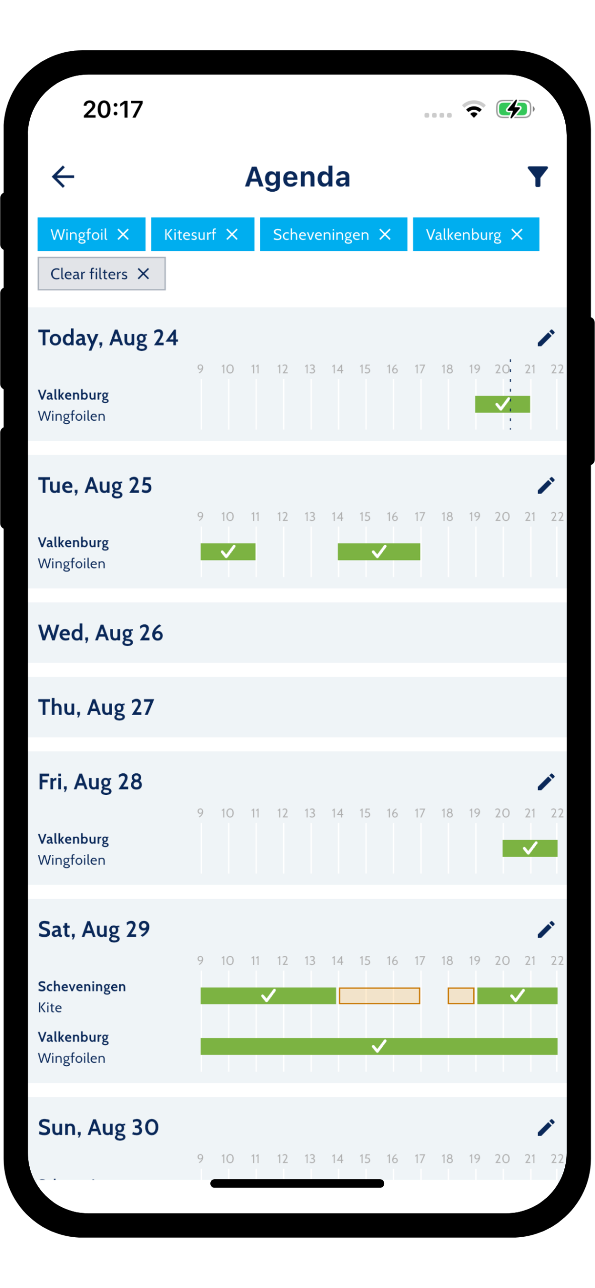 SurfSignal agenda with matching session windows per day